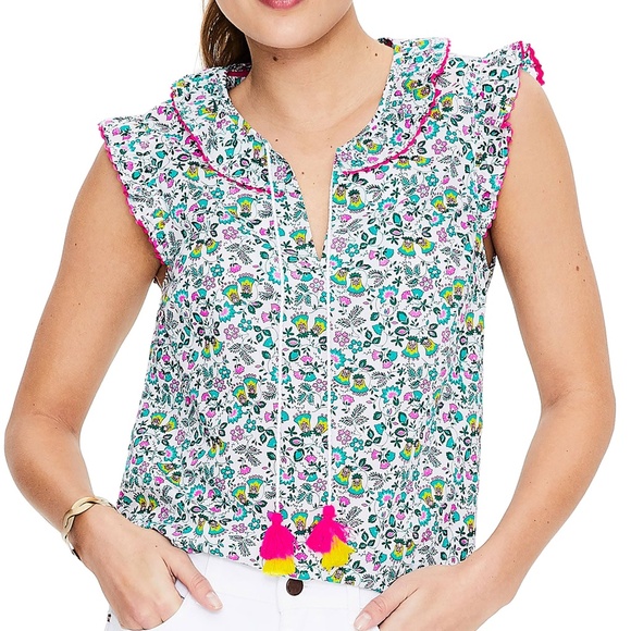 Boden Tops - Boden Laurie Tassel Tie Sleeveless Cotton Blouse in Ivory Exotic Garden US 10